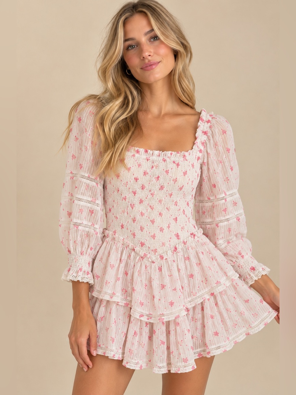 LoveShackFancy Raelynn Pink Floral Smocked Ruffle Mini Dress